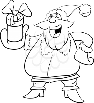 Black and White Cartoon Illustration of Santa Claus Character with Christmas Present Coloring Book