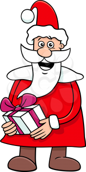 Cartoon Illustration of Happy Santa Claus Character on Christmas Holiday Time with Present