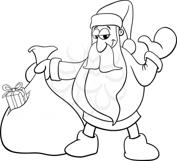 Black and White Cartoon Illustration of Happy Santa Claus Christmas Character with Sack of Gifts Coloring Book