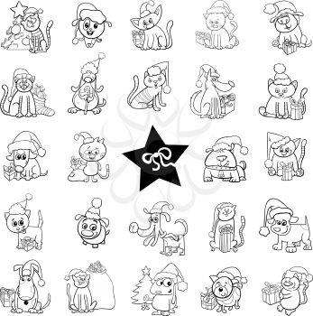 Black and White Cartoon Illustration of Animal Characters at Christmas Time Set