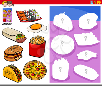 Cartoon Illustration of Match Objects and the Right Shape or Silhouette with Food Objescts Educational Game for Children