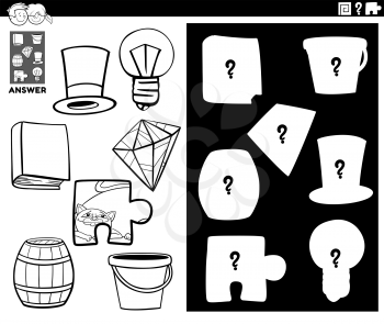Black and White Cartoon Illustration of Match Objects and the Right Shape or Silhouette with Objects Educational Game for Children Coloring Book Page