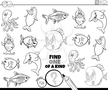 Black and White Cartoon Illustration of Find One of a Kind Picture Educational Game with Funny Sea Life Animal Characters Coloring Book Page
