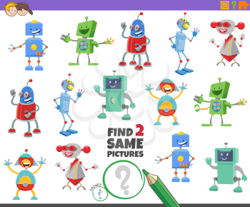Cartoon Illustration of Finding Two Same Pictures Educational Activity Game for Children with Robots Fantasy Characters