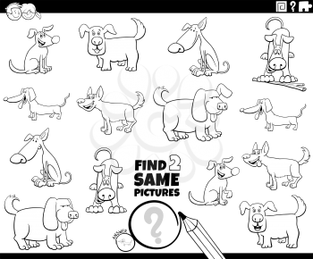 Black and White Cartoon Illustration of Finding Two Same Pictures Educational Activity Game for Children with Dogs Pet Animal Characters Coloring Book Page