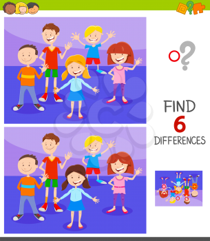 Cartoon Illustration of Finding Six Differences Between Pictures Educational Game for Children with Funny Kids Characters Group