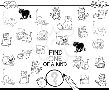 Black and White Cartoon Illustration of Find One of a Kind Picture Educational Activity Game for Children with Cats or Kittens Pets Animal Characters Coloring Book