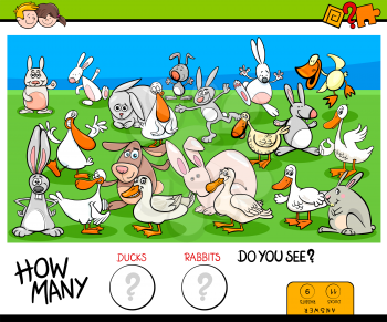 Cartoon Illustration of Educational Counting Game for Children with Ducks and Rabbits Farm Animals Characters Group