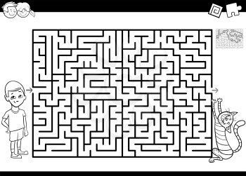 Black and White Cartoon Illustration of Educational Maze or Labyrinth Activity Game for Children with Boy and His Pet Cat Coloring Book