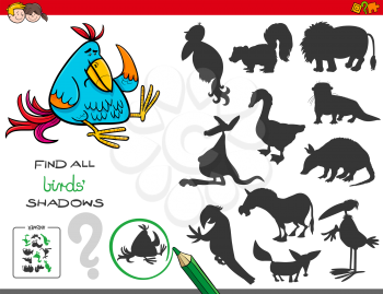 Cartoon Illustration of Finding All Birds Shadows Educational Game for Children