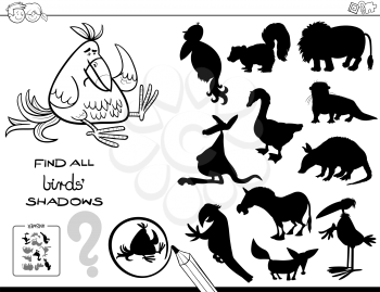 Black and White Cartoon Illustration of Finding All Birds Shadows Educational Game for Children Coloring Book