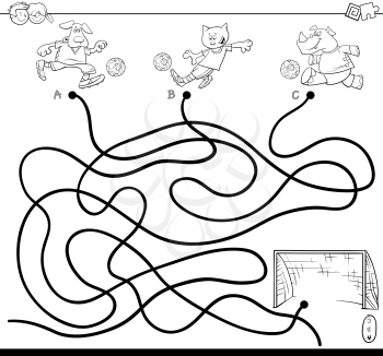 Black and White Cartoon Illustration of Paths or Maze Puzzle Activity Game with Soccer Animals Coloring Book