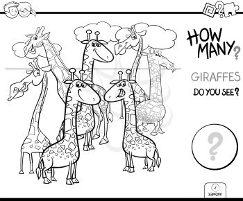 Black and White Illustration of Educational Counting Task for Children with Cartoon Giraffes Animal Characters Coloring Book