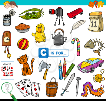 Cartoon Illustration of Finding Picture Starting with Letter C Educational Game Worksheet for Children