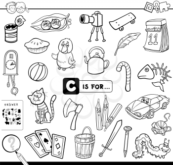 Black and White Cartoon Illustration of Finding Picture Starting with Letter C Educational Game Worksheet for Children Coloring Book