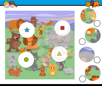Cartoon Illustration of Educational Match the Elements Activity Game for Children with Wild Animal Characters Group