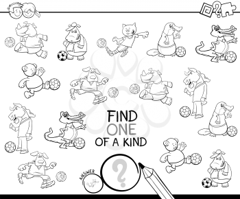 Black and White Cartoon Illustration of Find One of a Kind Picture Educational Activity Game for Children with Animal Football Players Characters Coloring Book