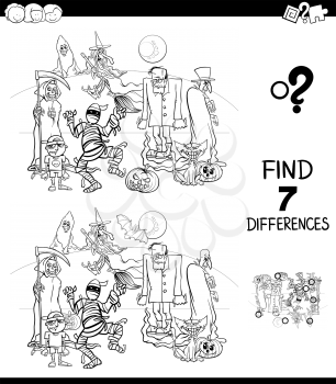 Black and White Cartoon Illustration of Finding Seven Differences Between Pictures Educational Game for Children with Funny Halloween Characters Coloring Book