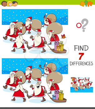 Cartoon Illustration of Finding Seven Differences Between Pictures Educational Game for Children with Santa Claus Christmas Characters