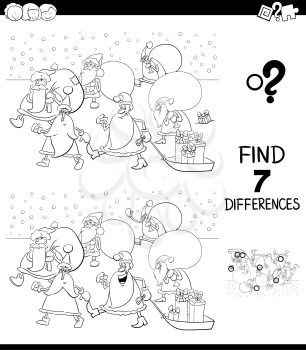 Black and White Cartoon Illustration of Finding Seven Differences Between Pictures Educational Game for Children with Santa Claus Christmas Characters Coloring Book