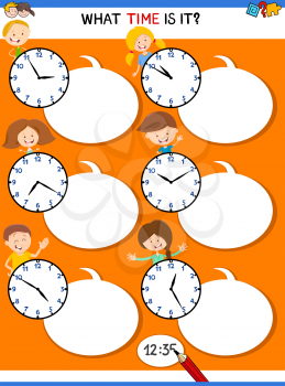 Cartoon Illustrations of Telling Time Educational Activity with Clock Face and Happy Children for Kids
