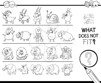 Black and White Cartoon Illustration of Finding Picture that does not Fit in a Row Educational Task for Elementary Age or Preschool Children Coloring Book
