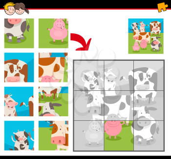 Cartoon Illustration of Educational Jigsaw Puzzle Game for Children with Happy Cows and Pigs Farm Animal Characters Group