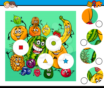 Cartoon Illustration of Educational Match the Pieces Jigsaw Puzzle Game for Children with Happy Fruits Characters