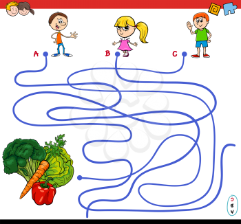 Cartoon Illustration of Paths or Maze Puzzle Activity Game with Children Characters and Healthy Vegetables