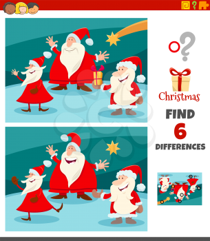 Cartoon Illustration of Finding Differences Between Pictures Educational Game for Children with Funny Santa Claus Characters on Christmas Time