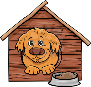 Cartoon Illustration of Happy Dog Comic Animal Character in the Doghouse