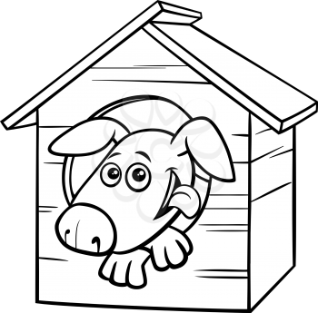 Black and White Cartoon Illustration of Funny Dog Comic Animal Character in the Doghouse Coloring Book Page