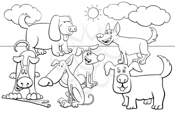 Black and White Cartoon Illustration of Funny Playful Dogs Pet Animal Characters Group Coloring Book Page