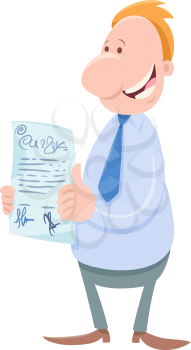 Cartoon Illustration of Man or Businessman Character with Contract