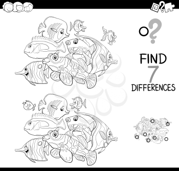 Black and White Cartoon Illustration of Finding Seven Differences Between Pictures Educational Activity Game for Kids with Fish Animal Characters Group Coloring Book