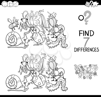 Black and White Cartoon Illustration of Finding Seven Differences Between Pictures Educational Activity Game for Kids with Insects Animal Characters Group Coloring Book