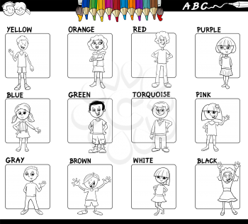 Black and White Cartoon Illustration of Basic Colors with Cute Children Characters Educational Set Color Book