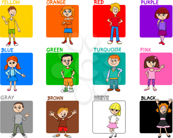 Cartoon Illustration of Basic Colors with Cute Children Characters Educational Set