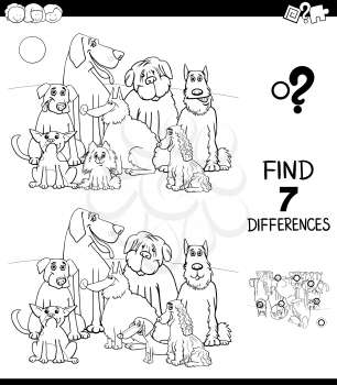 Black and White Cartoon Illustration of Finding Seven Differences Between Pictures Educational Game for Children with Purebred Dog Characters Group Coloring Book
