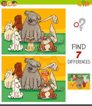 Cartoon Illustration of Finding Seven Differences Between Pictures Educational Game for Children with Pedigree Dog Characters Group