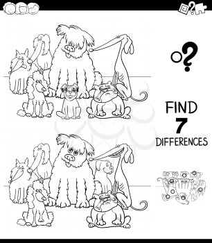 Black and White Cartoon Illustration of Finding Seven Differences Between Pictures Educational Game for Children with Pedigree Dog Characters Group Coloring Book