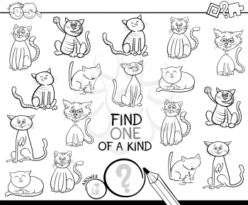 Black and White Cartoon Illustration of Find One of a Kind Picture Educational Activity Game for Children with Cats Animal Characters Color Book