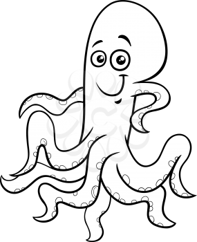 Black and White Cartoon Illustration of Cute Octopus Sea Animal Comic Character Coloring Book