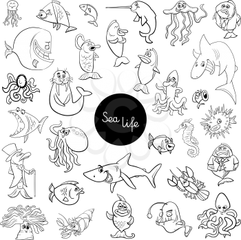 Black and White Cartoon Illustration of Sea Life Animal Characters Large Set Coloring Page