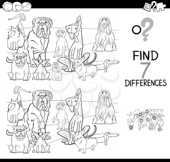 Black and White Cartoon Illustration of Finding Seven Differences Between Pictures Educational Activity Game for Children with Purebred Dogs Animals Characters Group Coloring Book