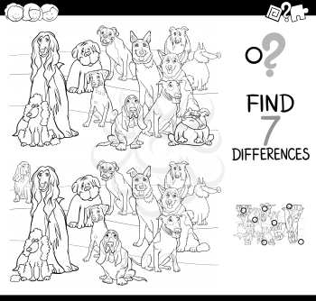 Black and White Cartoon Illustration of Finding Seven Differences Between Pictures Educational Activity Game for Children with Pedigree Dogs Animals Characters Group Coloring Book