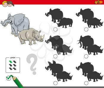 Cartoon Illustration of Finding the Shadow without Differences Educational Activity for Children with Elephant and Rhinoceros Animal Characters