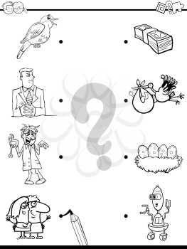 Black and White Cartoon Illustration of Education Pictures Matching Game for Children with People and Animals and Objects Coloring Book