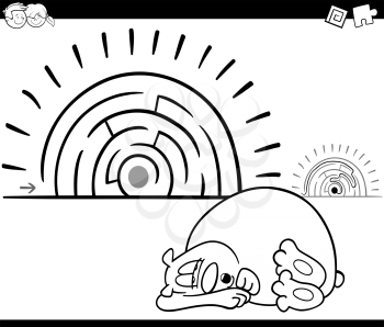 Black and White Cartoon Illustration of Education Maze or Labyrinth Game for Children with Sleeping Bear Animal Character Coloring Page
