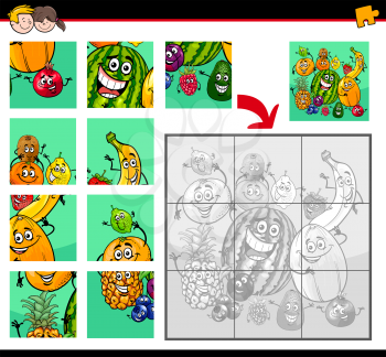 Cartoon Illustration of Educational Jigsaw Puzzle Activity Game for Children with Fruits Food  Characters